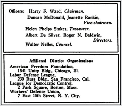 AD for ACLU, Details Officers and Affiliated District Orgs, The Survey p623, Feb 21, 1920