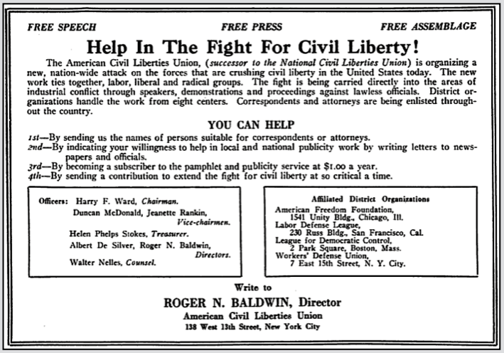 AD for ACLU, The Survey p623, Feb 21, 1920