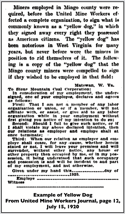 Matewan, Mingo Co Yellow Dog, UMWJ p12, July 15, 1920