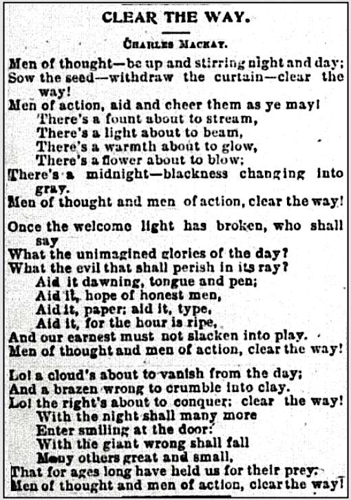 POEM Clear the Way by Charles Mackay, AtR p3, May 5, 1900