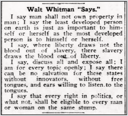 Quote Walt Whitman, Says re Liberty Slavery, AtR p3, Aug 30 1913