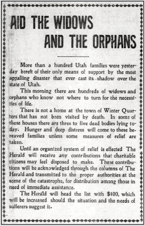 Scofield UT Mine Disaster, Aid Widows n Orphans, SL Hld p1, May 2, 1900