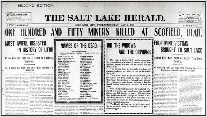 Scofield UT Mine Disaster, Winter Quarters Explosion May 1, SL Hld p1, May 2, 1900