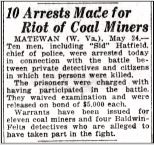 Sid Hatfield Arrested for Riot of Coal Miners, SF Exmr p10, May 25, 1920