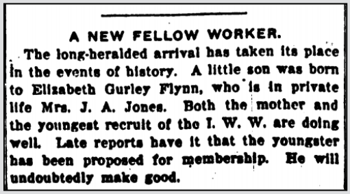 IWW Exec Brd Member EGF Gives Birth to New FW, IW p1, June 4, 1910