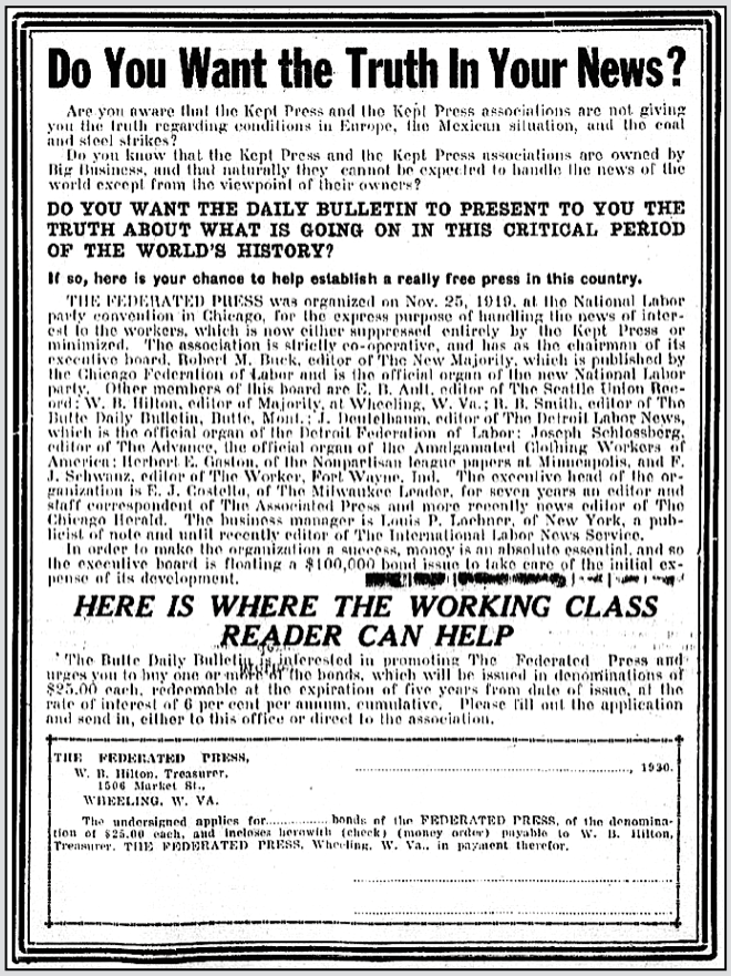 Ad re Federated Press, BDB p4, Jan 7, 1920