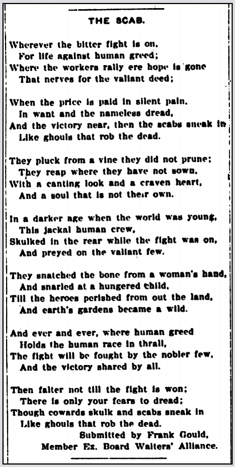 IWW The Scab by Frank Gould of Waiters Alliance, IW p3, Aug 6, 1910