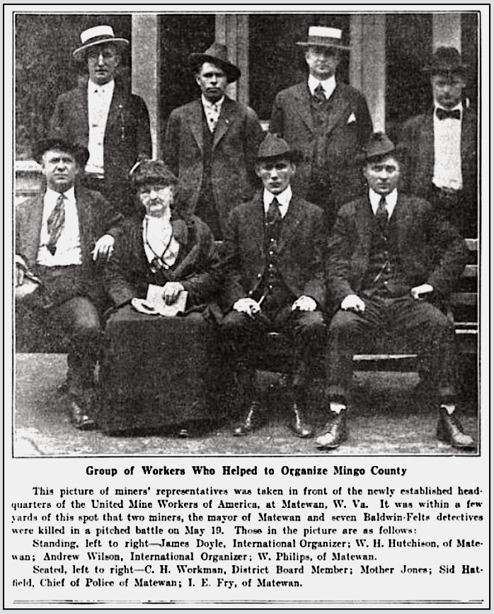 Mother Jones w Sid Hatfield n Organizers in Matewan, UMWJ p11, July 15, 1920