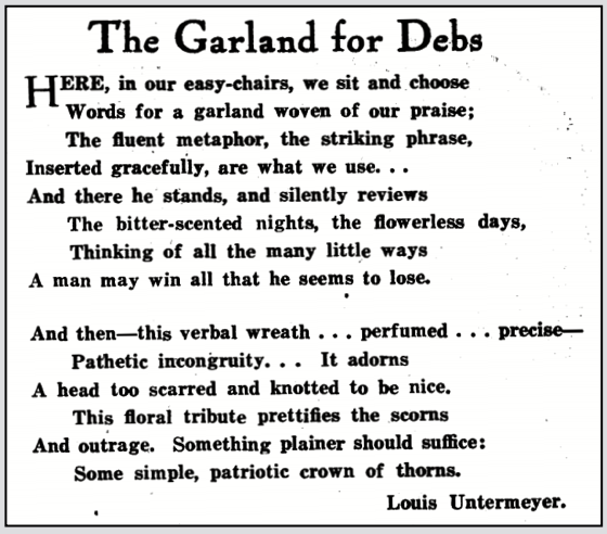 POEM Garland f Debs by L Untermeyer, Lbtr p21, Aug 1920