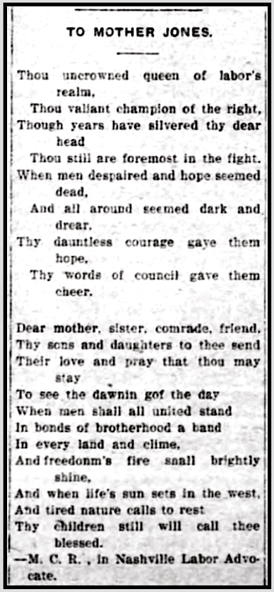 POEM for Mother Jones by MCR of Nashville, OK Un Adv Rv p2, June 28, 1910