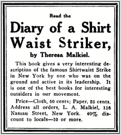 Ad f Diary Shirt Waist Striker T Malkiel, ISR p190, Sept 1910