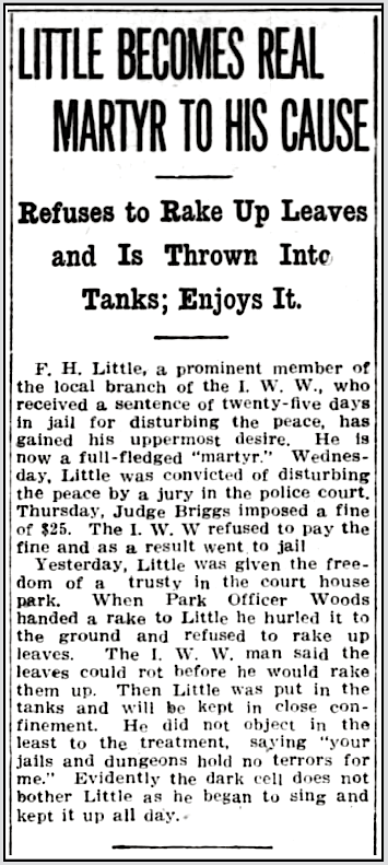 Frank Little Thrown in Fresno Tank, FMR p10, Sept 3, 1910