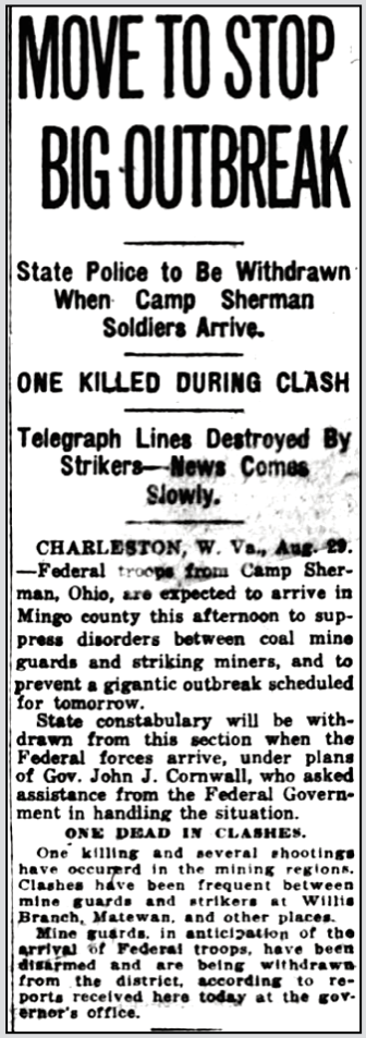 Mingo Mine War WV, US Troops to Arrive, WDC Tx p1, Aug 29, 1920