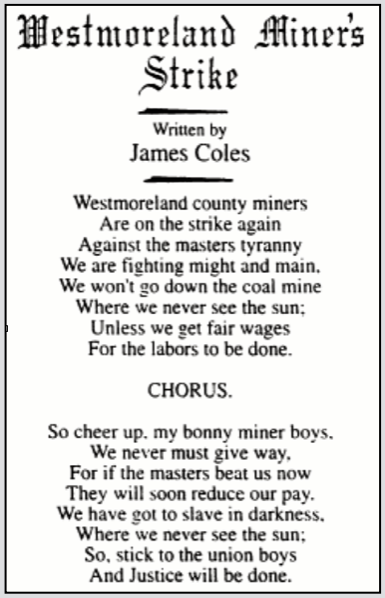 POEM SONG, Westmoreland Miners Strike by James Coles, ab Aug 1910