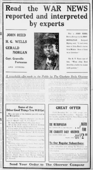 Ad John Reed War Reporter, Charlotte NC Ob p19, Nov 22, 1914