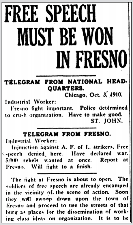 Fresno FSF, Message fr St J n Article, IW p1, Oct 8, 1910