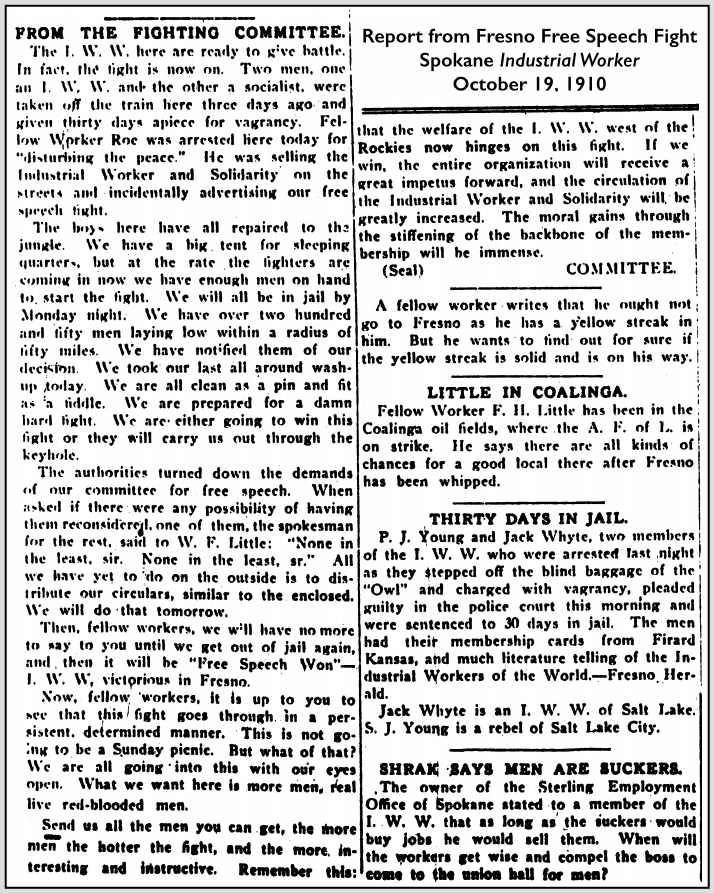 Fresno FSF, Report from Com, FL, Jack Whyte, IW p1, Oct 19, 1910