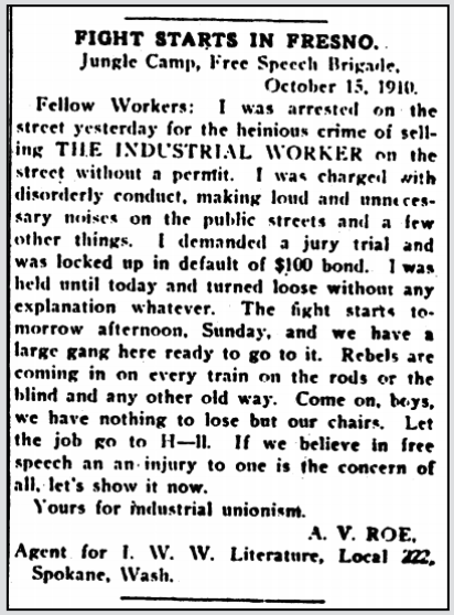 Fresno FSF, Report from Roe from Jungle Camp, IW p2, Oct 19, 1910