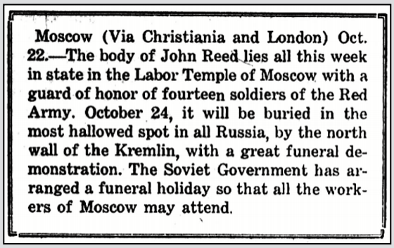 John Reed Dead in Moscow, Telegram Oct 22, Toiler p4, Oct 30, 1920