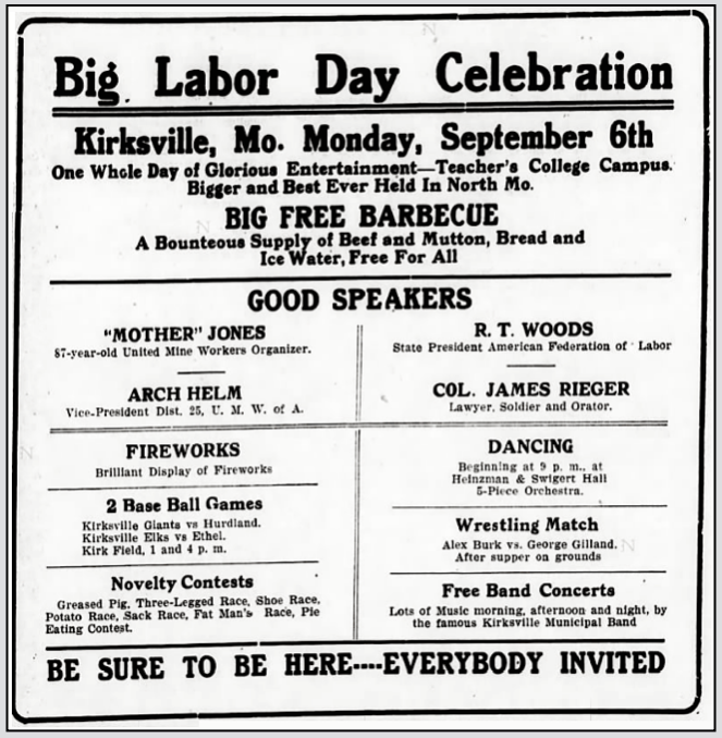 Mother Jones Ad for Labor Day Kirksville, La Plata MO p7, Sept 2, 1920
