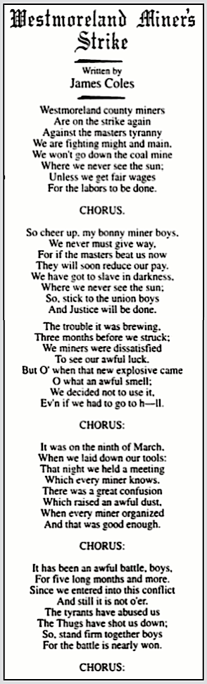 POEM SONG, Westmoreland Miners Strike by James Coles full, ab Aug 1910