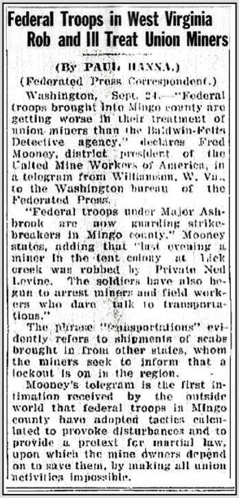 WV Mingo Co Miners Strike, Fed Troops Lick Creek, BDB p1, Sept 24, 1920