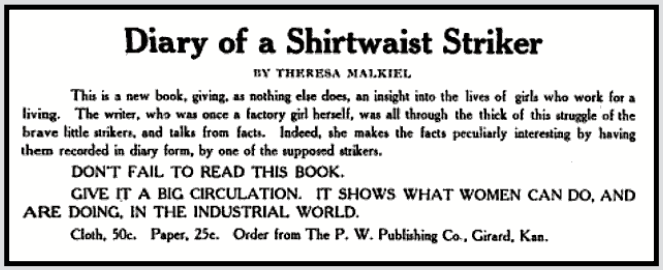 Ad, Diary Shirtwaist Striker by Malkiel, Prg Wmn p11, Nov 1910