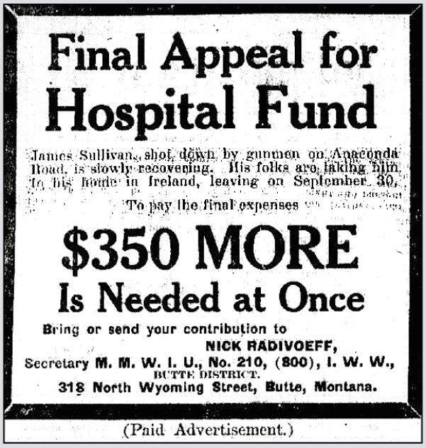 ACM Anaconda Road Massacre, James Sullivan, IWW Appeal f Funds, BDB p6, Sept 25, 1920