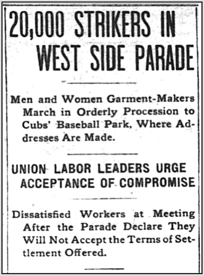 Chg Garment Workers Strike, HdLn 20,000 Parade West Side, Intr Ocn p3, Dec 8, 1920