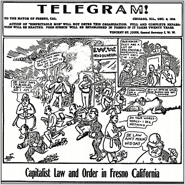 Fresno FSF, Telegram StJ CRTN re Mob Attack, IW p1, Dec 15, 1910