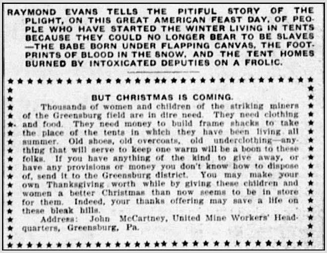 PA Miners Strike, R Evans Reports, Tent Colony Greensburg, Thanksgiving, Stt Str p1, Nov 24, 1910