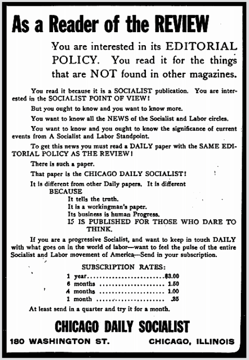Ad Chicago Daily Socialist, ISR p445, Jan 1911