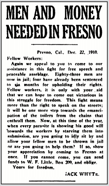 Fresno FSF, Plea for Men fr Jack Whyte, IW p1, Jan 5, 1911