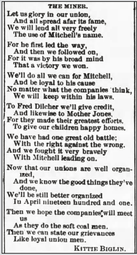 POEM The Miner by Kittie Biglin, re Mitchell n Mother Jones, Carbondale Ldr PA p2, Dec 3, 1900