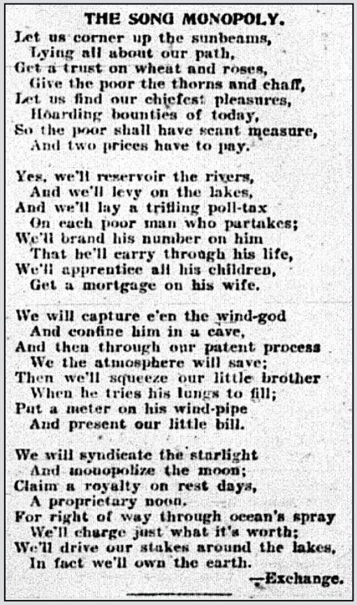 The Song of Monopoly, Let us corner up the sunbeams, AtR p3, Jan 12, 1901