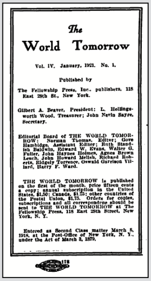 World Tomorrow, NY, NY, Christian Journal, p2, Jan 1921