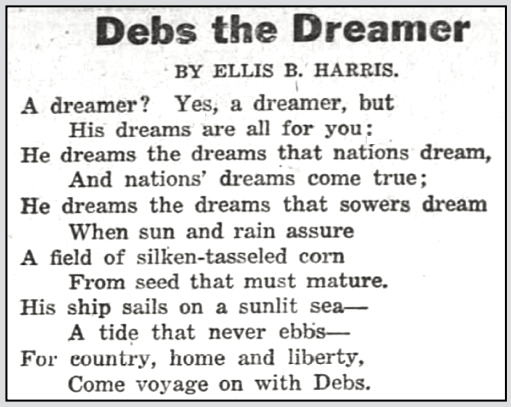 POEM Debs the Dreamer by Ellis B Harris, AtR p4, Feb 19, 1921