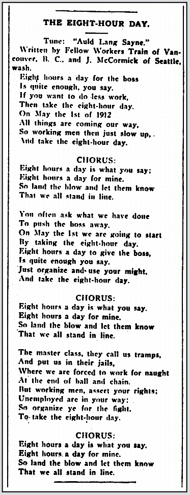 Eight Hour Day Song by FWs Train n McCormick, IW p2, Mar 16, 1911