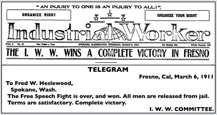 Fresno FSF, IWW Wins Complete Victory, IW p1, Mar 9, 1911