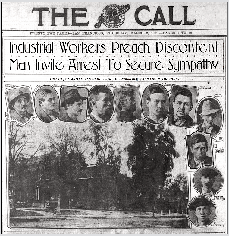 Fresno FSF, Jail n Members of IWW, SF Call p1, Mar 2, 1911