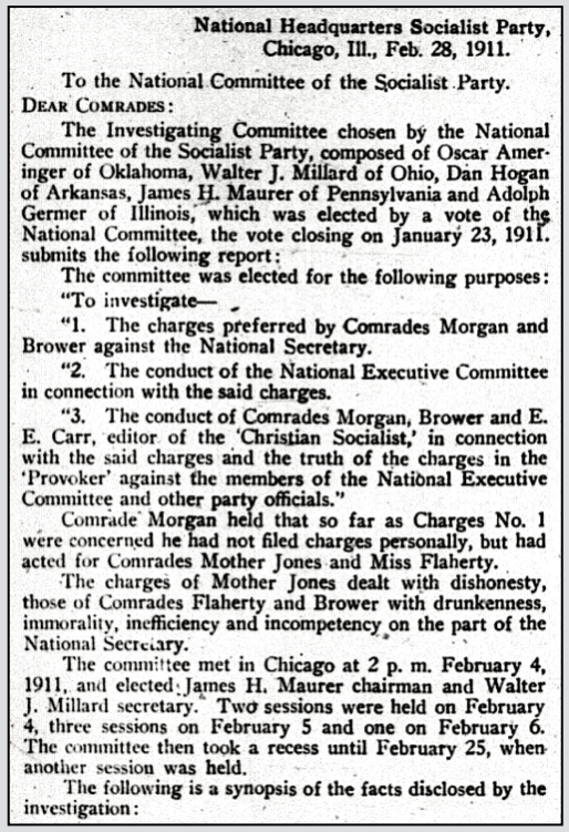 Report of SPA Investigating Com re Charges by Mother Jones et al, Nat HQ Chg Feb 28, 1911