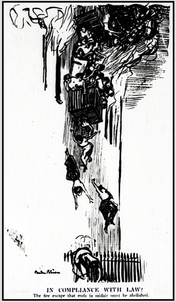 Triangle Fire, Compliance Fire Escape by B Robinson, NY Tb p1, Mar 28, 1911