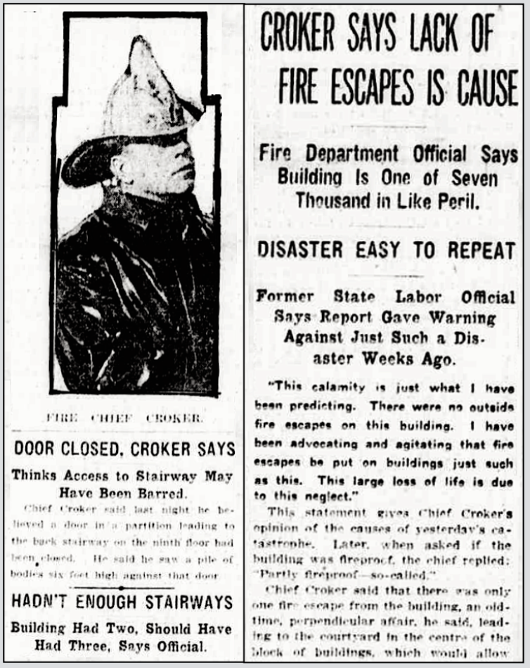 Triangle Fire, Fire Chief Croker, Detail, NY Tb p1, Mar 26, 1911