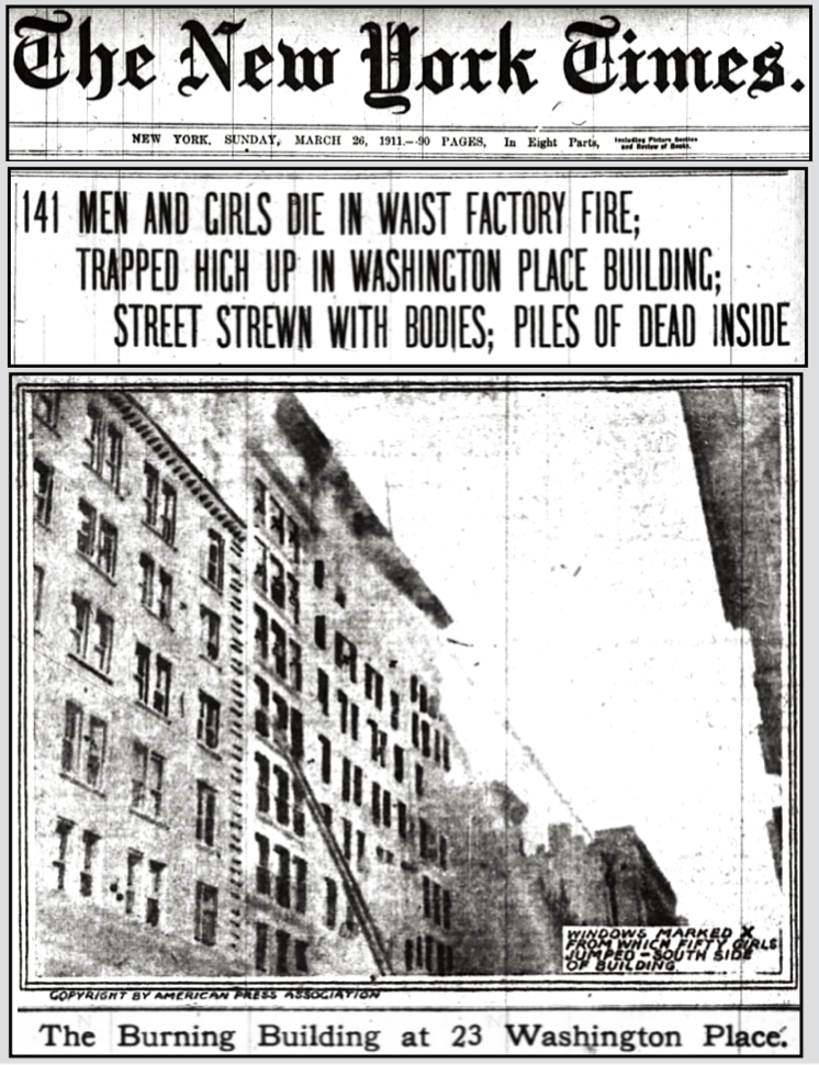 Triangle Fire, HdLn, Burning Building, NYT p1, Mar 26, 1911