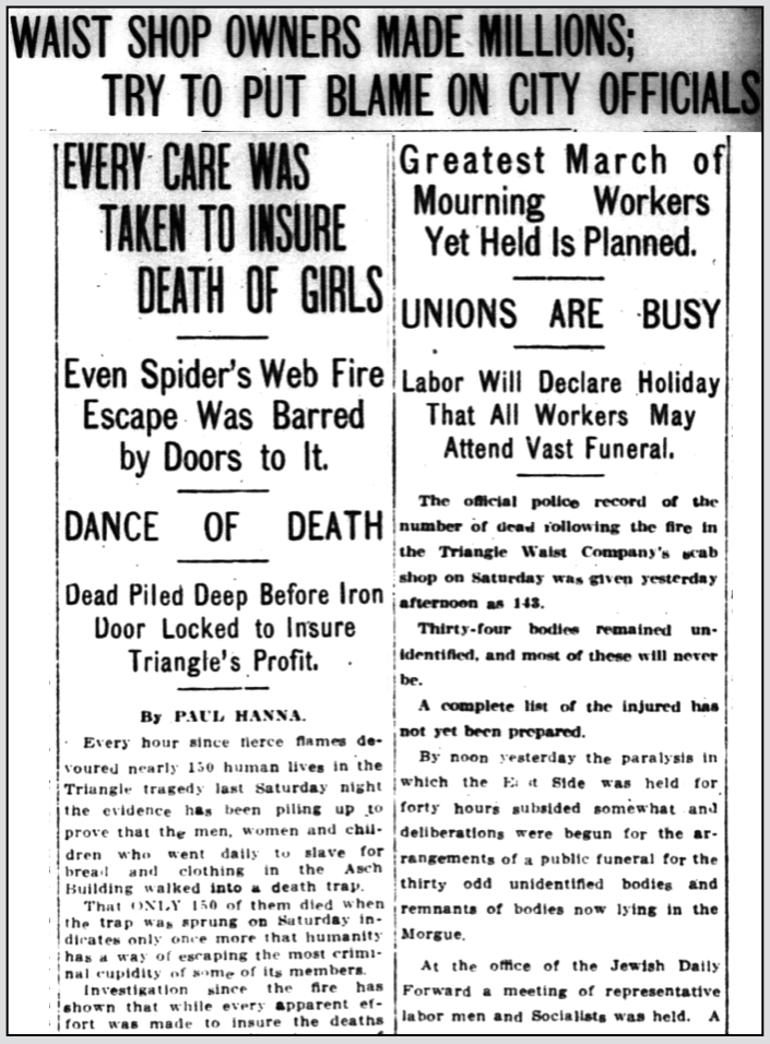 Triangle Fire, HdLn Insure Death of Girls, NY Cl p1, Mar 28, 1911