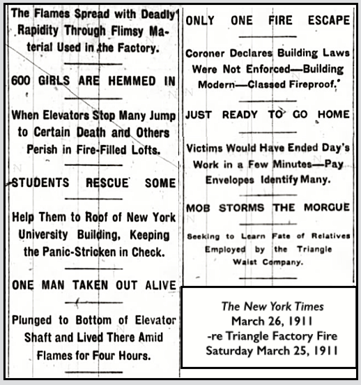 Triangle Fire, Headlines, NYT p1, Mar 26, 1911