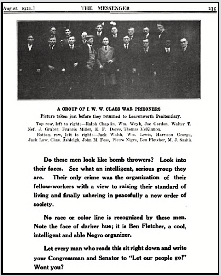 IWW Chg Class War Prisoners bf Leaving for Leavenworth, Late Apr 1921, Messenger p235, Aug 1921