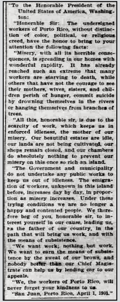 Misery in Porto Rico, Petition to Prz, WDC Times, p1, Apr 9, 1901