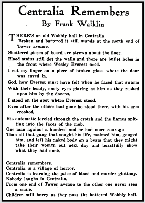 POEM Centralia Remembers by Frank Walklin ed, Lbtr p8, Apr 1921