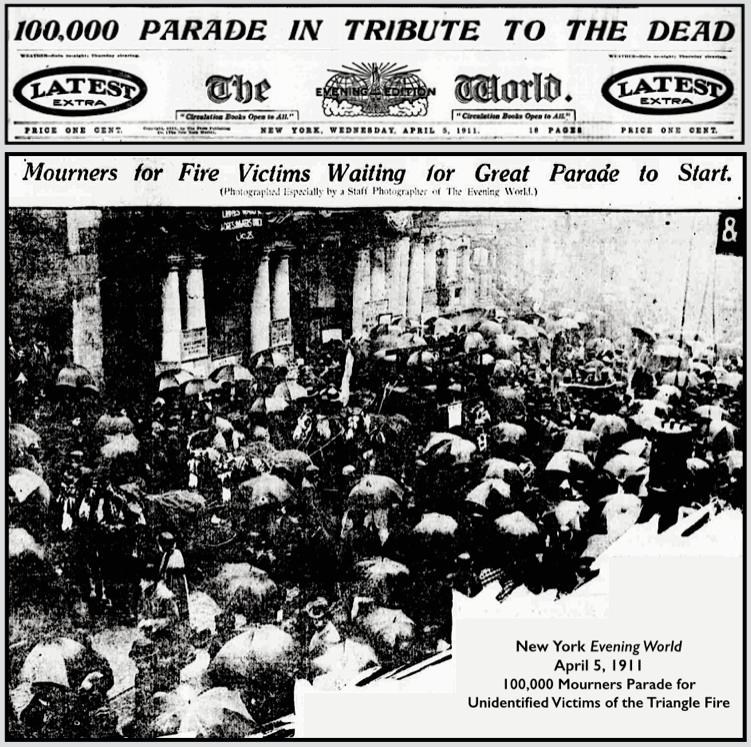 Triangle Fire, 100,000 Mourners, Parade for Unidentified, NY Eve Wld p1, Apr 5, 1911